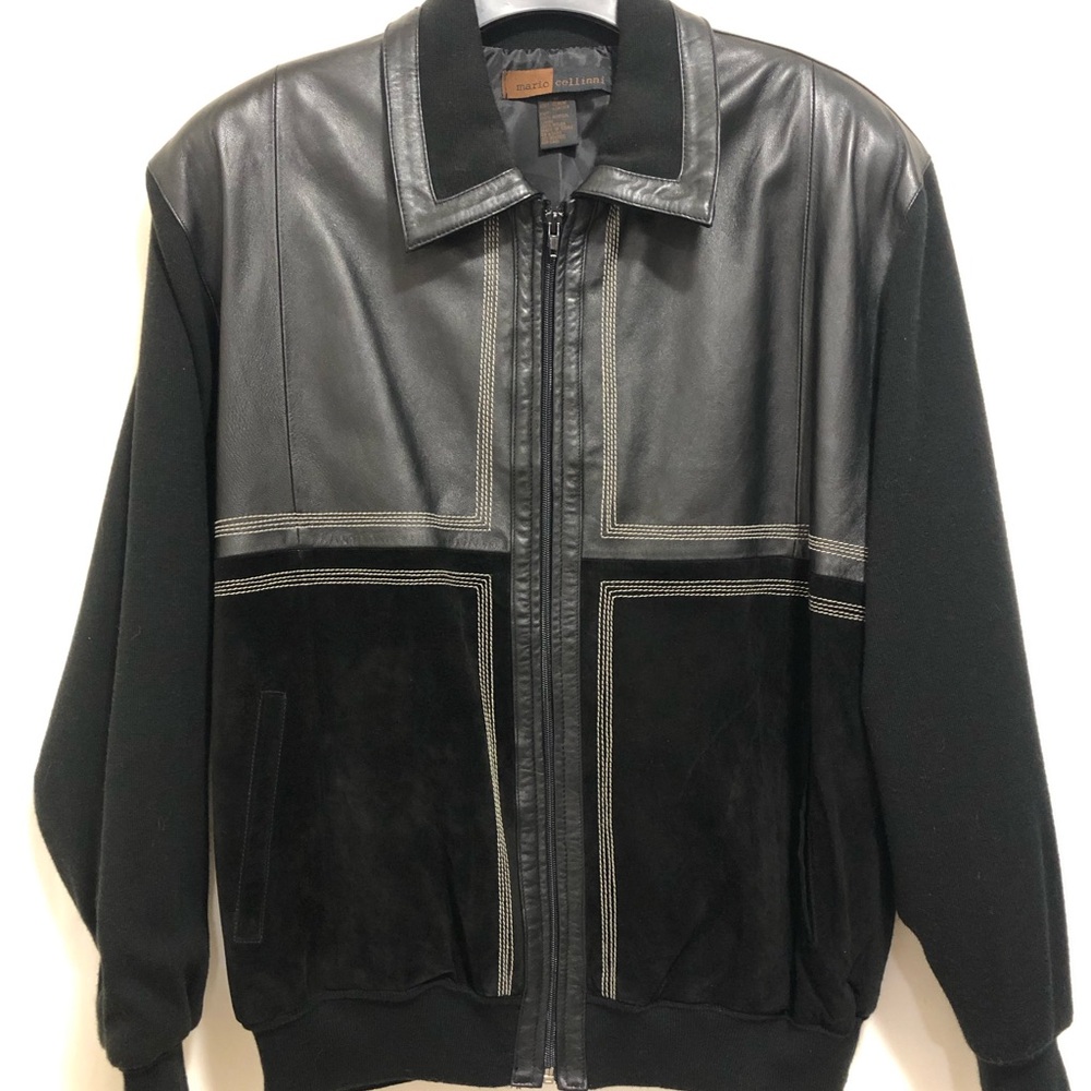 Women’s Mario Cellini Genuine Leather Block Print Black Reverse Stitch Jacket